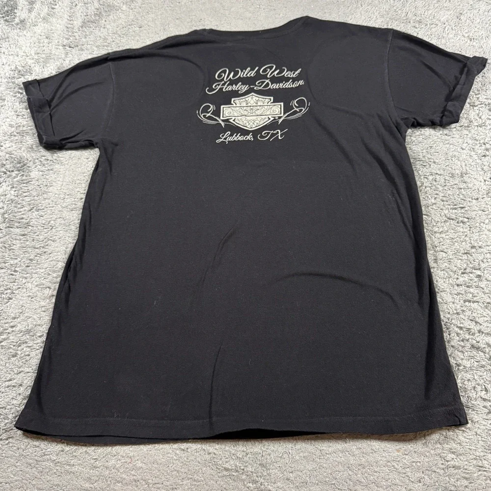 Harley Davidson Women Graphic T Shirt Large Black Wild West Lubbock TX Purple